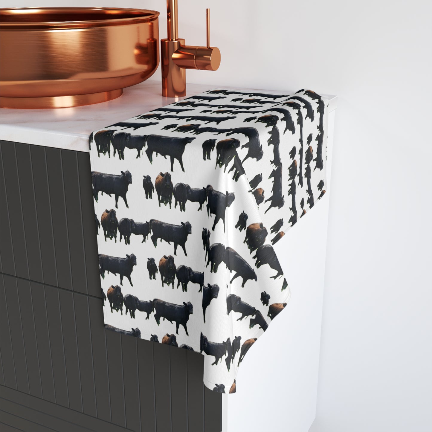 Farmhouse Style Hand Towel with Cattle Print - Rustic Kitchen Decor