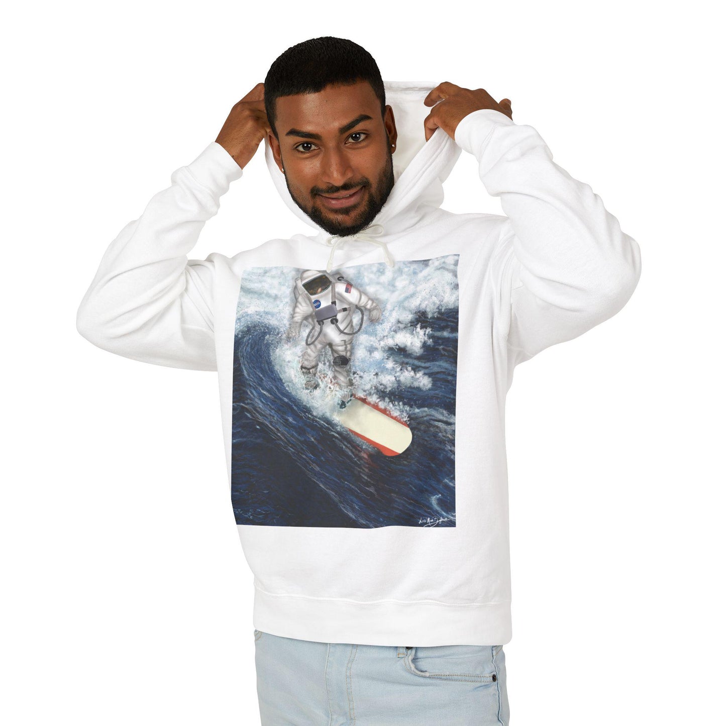 Astronaut Surfing Unisex Lightweight Hooded Sweatshirt, Fun Gift for Surfers, Beachwear, Summer Essentials, Ocean Lover's Apparel