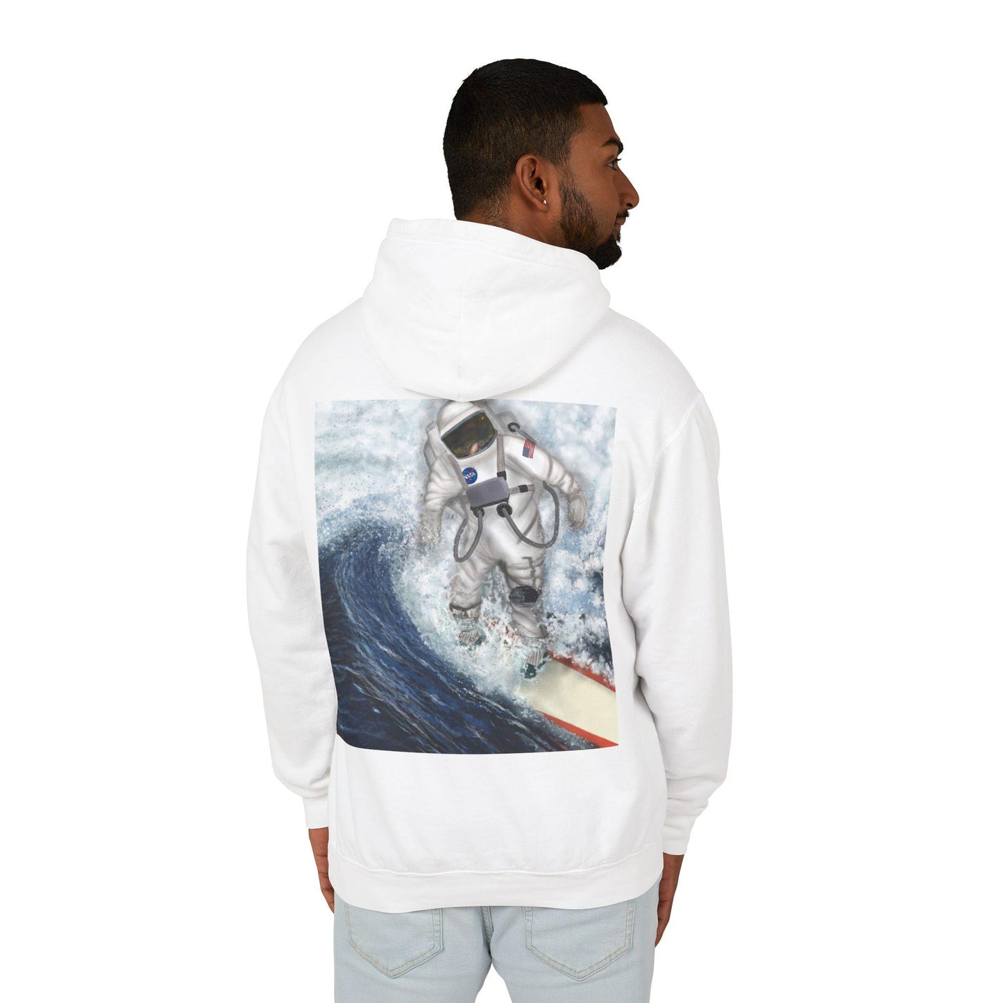 Astronaut Surfing Unisex Lightweight Hooded Sweatshirt, Fun Gift for Surfers, Beachwear, Summer Essentials, Ocean Lover's Apparel