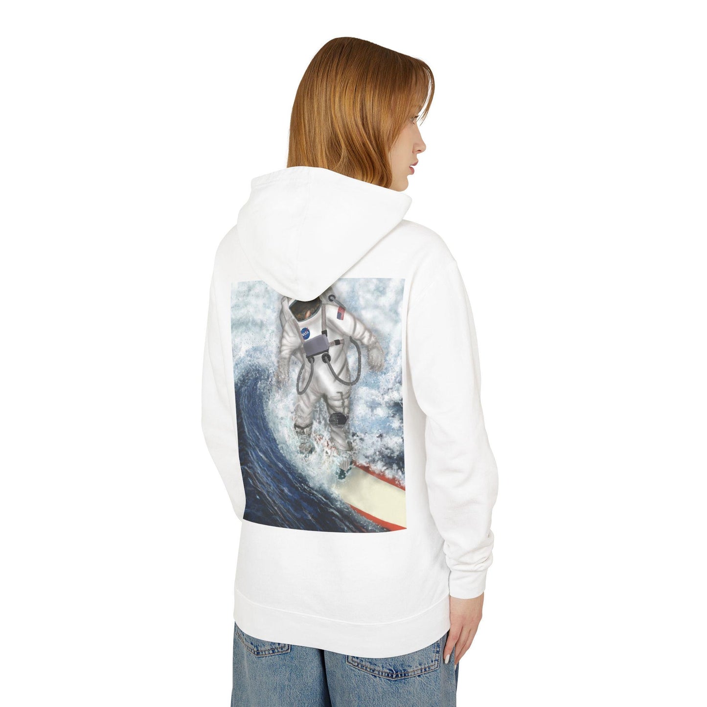 Astronaut Surfing Unisex Lightweight Hooded Sweatshirt, Fun Gift for Surfers, Beachwear, Summer Essentials, Ocean Lover's Apparel